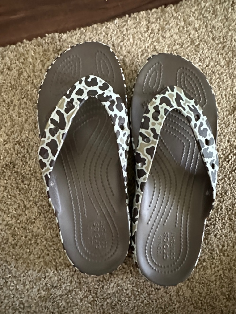 CROCS Leopard-Print Flip Sandals in Brown and Cream